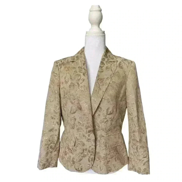 Anne Klein Holiday Blazer Tan with Metallic Gold Embroidery Floral Jacket Size 8 - Picture 1 of 10